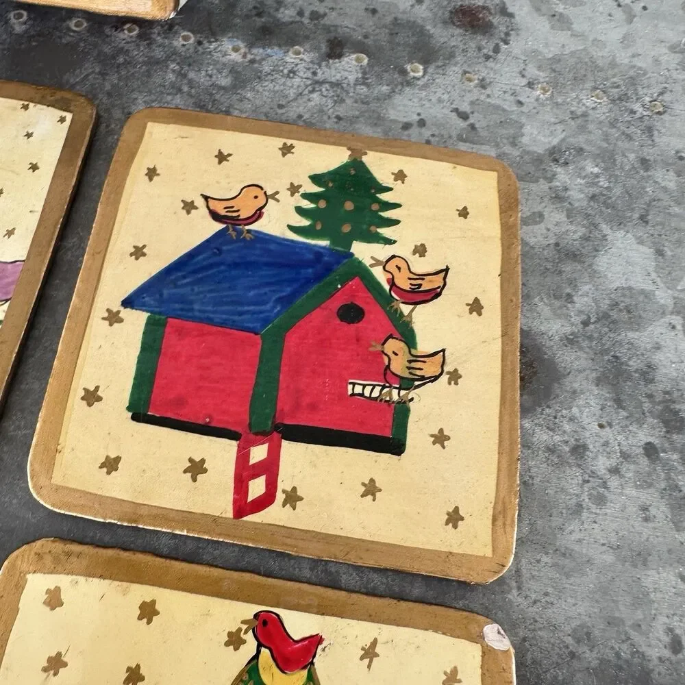 VTG Foreside Christmas Birdhouse Tree Coasters Set 6 Papier Mache Square W/ Box